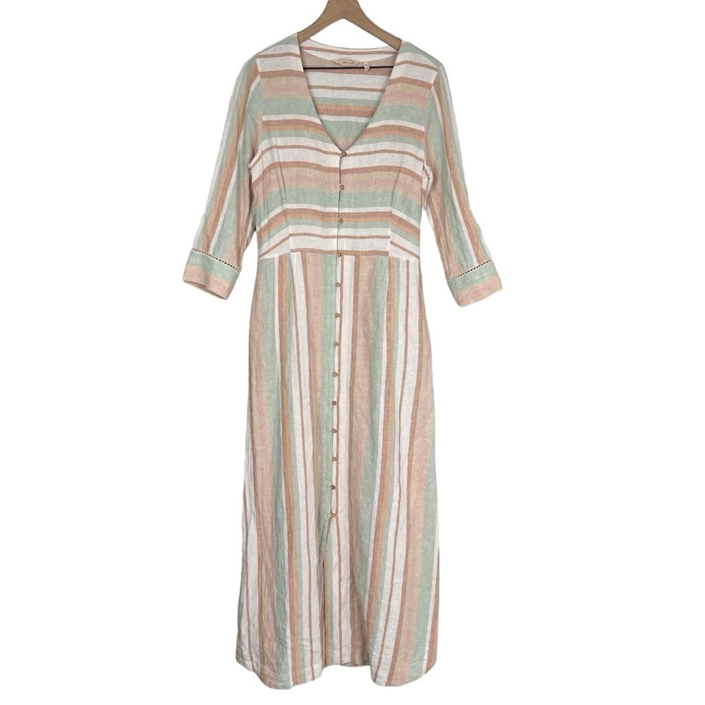 Soft Surroundings Arcata Maxi Dress TALL Medium Stripe Linen Rayon 3/4 Sleeve - Picture 1 of 10
